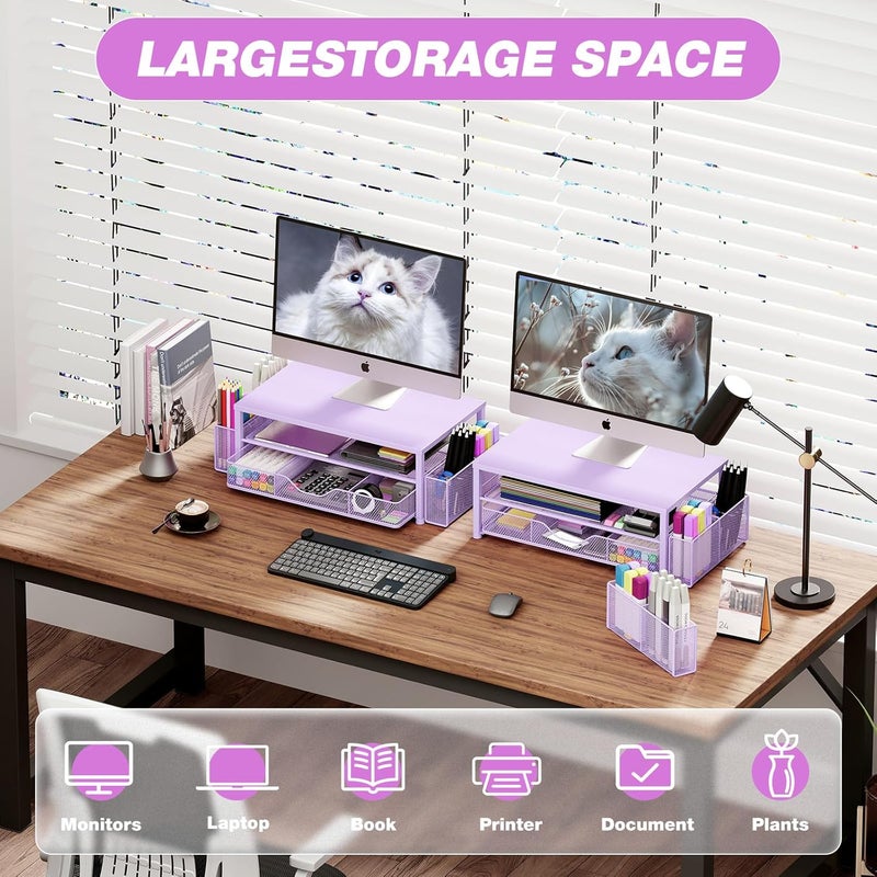 OPNICE Desk Organizers and Accessories, 2-Tier Computer Monitor Stand Riser with Drawer and 2 Pen Holders, Laptop Stand, Office Desk Accessories & Office Decor for Women, Purple - Image 4
